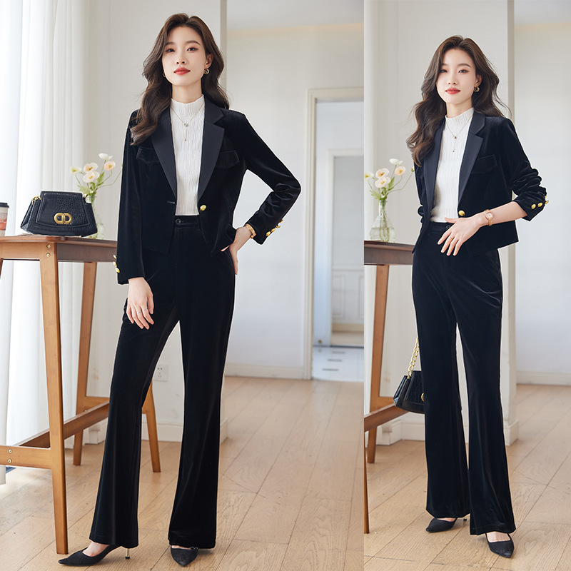2023新款秋冬休闲职业装女气质女神范短款小西服金丝绒西装套装女