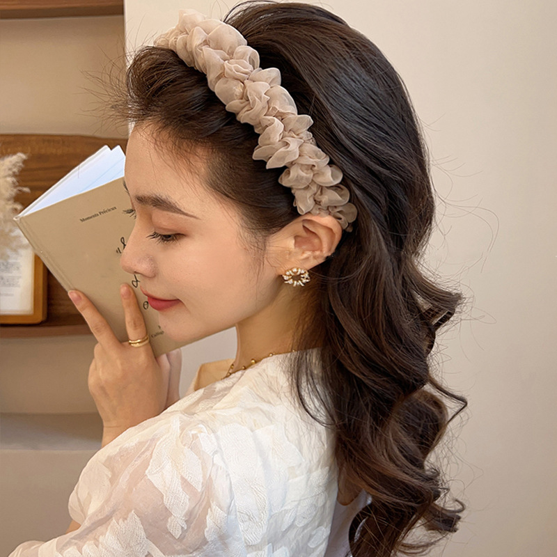 Headband Mesh Pleats Face-Looking Small Headband Female Headdress High Skull Top Versatile out Chiffon Pleated Headband Hair Accessories