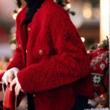 4437法式红色本命年小香风羊羔毛外套女秋冬新款复古圣诞加厚上衣