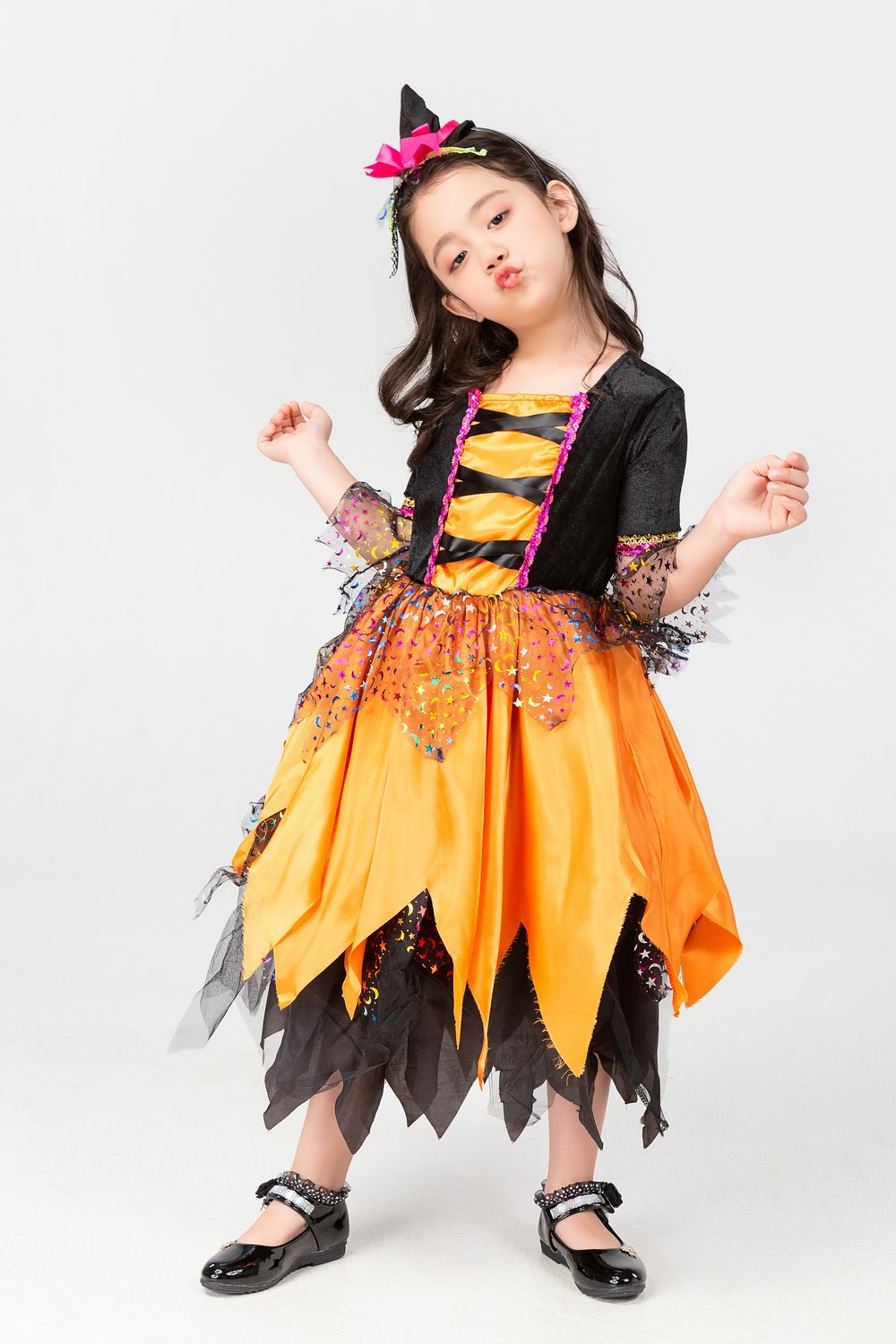 万圣节儿童女巫系列 表演演出服服装 女童橙色星月镂空网纱长裙