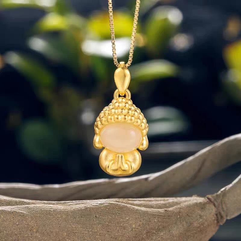 古法银金镶和田玉无面小佛吊坠s925银无相佛挂坠女款项链直播批发
