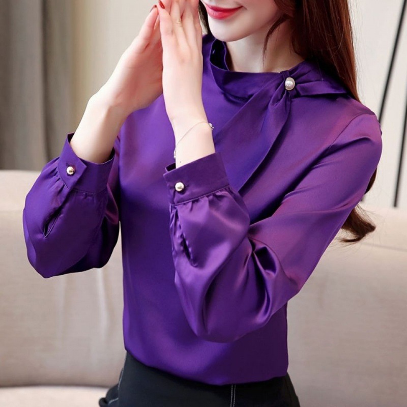 紫色衬衫领结妈妈装2022春秋新款polo领上衣气质百搭长袖宽松版女