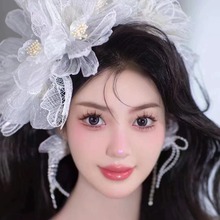 新款森系超仙新娘结婚手工网纱花朵发带精灵米珠耳夹婚礼造型头饰
