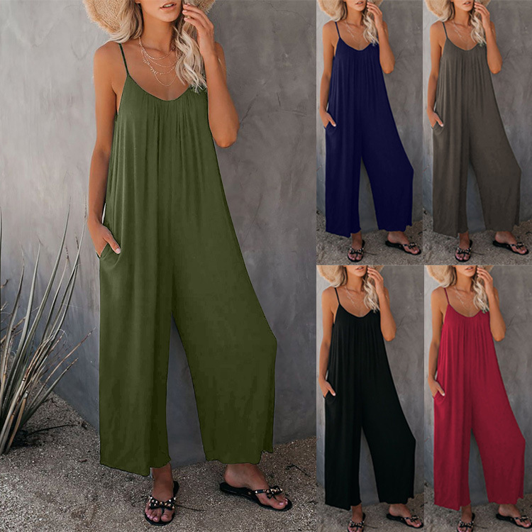 Amazon European and American 2023 Summer New Women's Trousers Cross-Border Solid Color Pocket Loose Casual Sling Jumpsuit