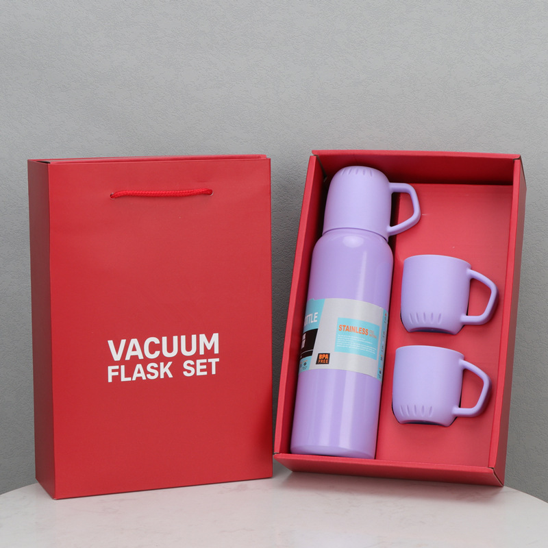 Cross-Border New Arrival One Cup Three Lid Vacuum Cup Set 304 Stainless Steel Straight Body Bottle Portable Portable Gift Water Cup