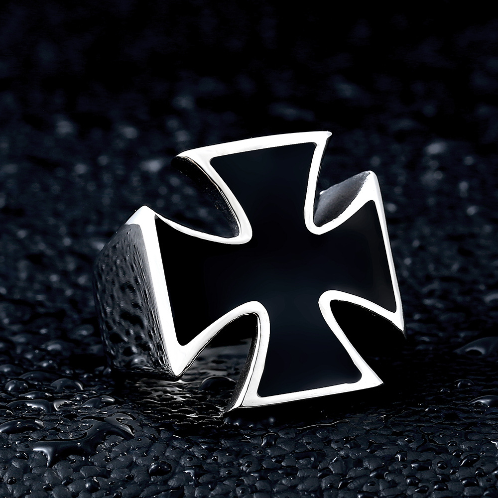 钢铁战士外贸饰品批发 钛钢滴胶男士手饰 德军闪电铁十字戒指