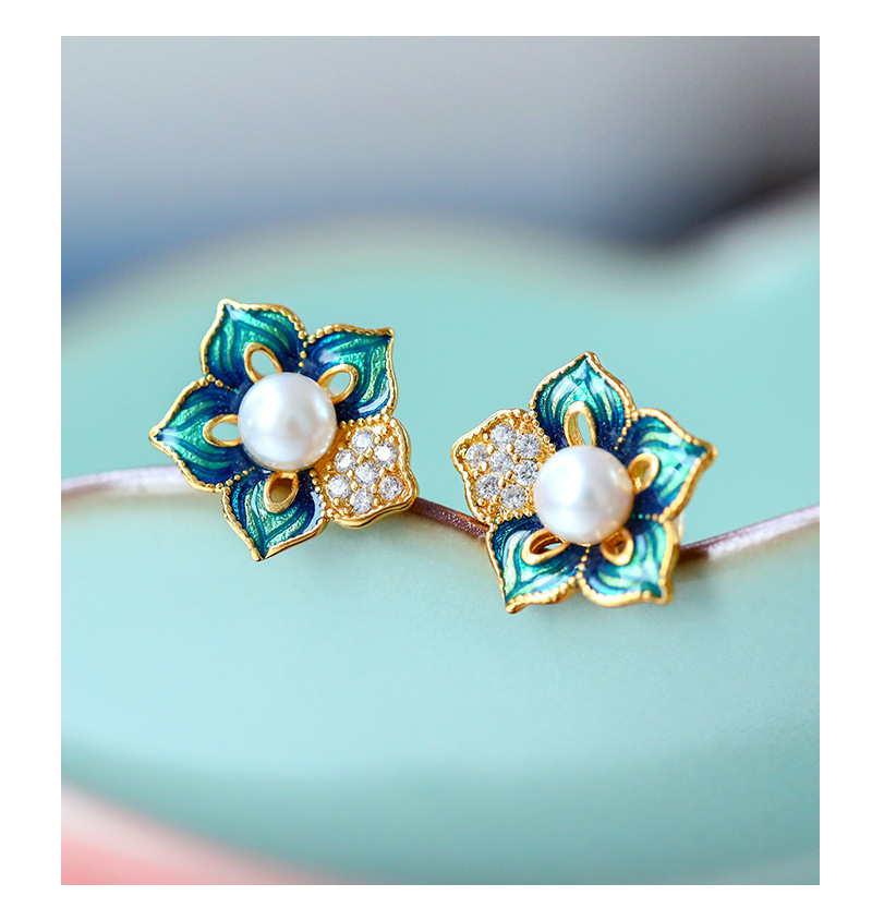 荟宝丽s925银镀金镶嵌珍珠耳钉花型珍珠设计女耳饰