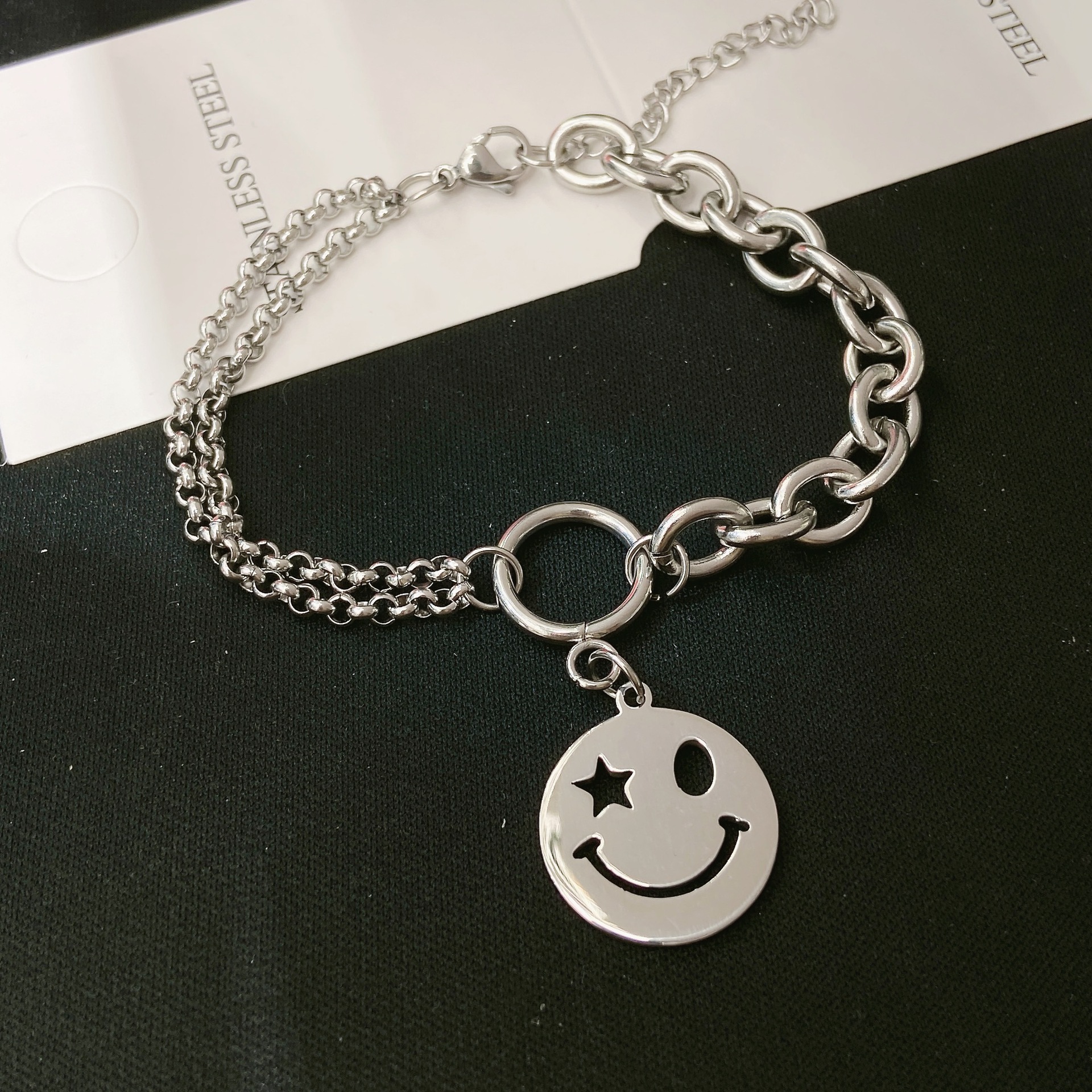 INS Style Popular Smiley Bracelet Men's and Women's All-Match Jewelry Pendant Smile Expression Fashion Titanium Steel Chain Wholesale