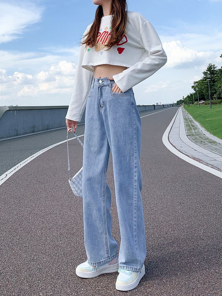 牛小莫浅色松紧腰阔腿牛仔裤女夏直筒宽松春装新款高腰垂感拖地裤
