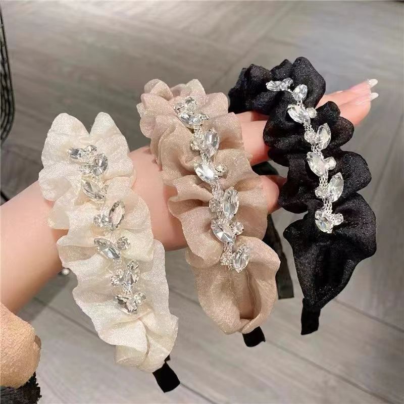 韩国高级感闪亮水钻宝石褶皱发箍网红新款宽边时尚百搭外出女头箍