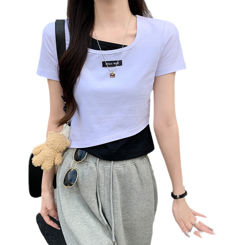 Fake Two-Piece Cotton T-shirt Women Short Sleeve 2023 New Summer Half Sleeve Shoulder Short Design Sense Square Collar Top