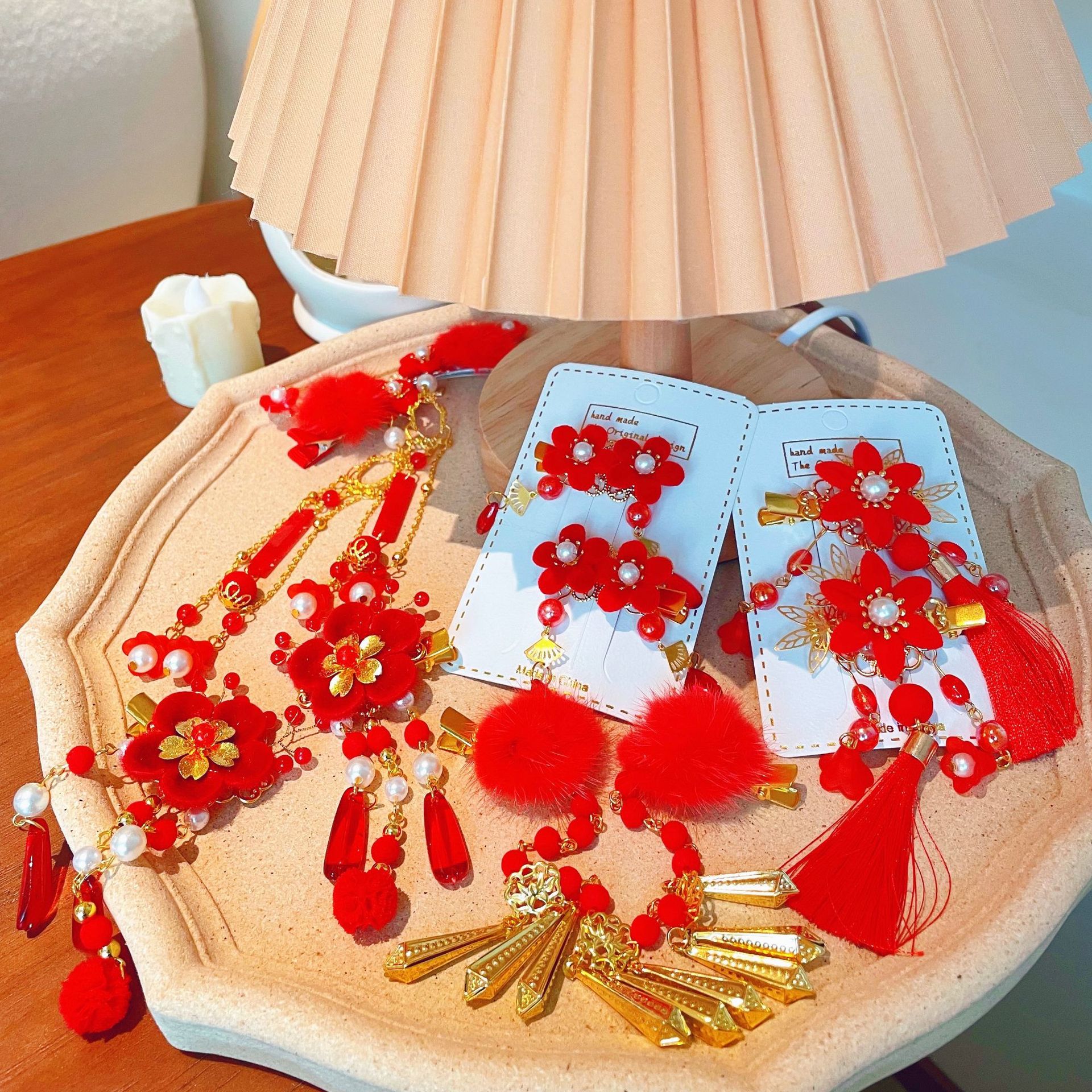 新年红色古风流苏发夹汉服公主古装头饰儿童发卡发饰卡子女童配饰