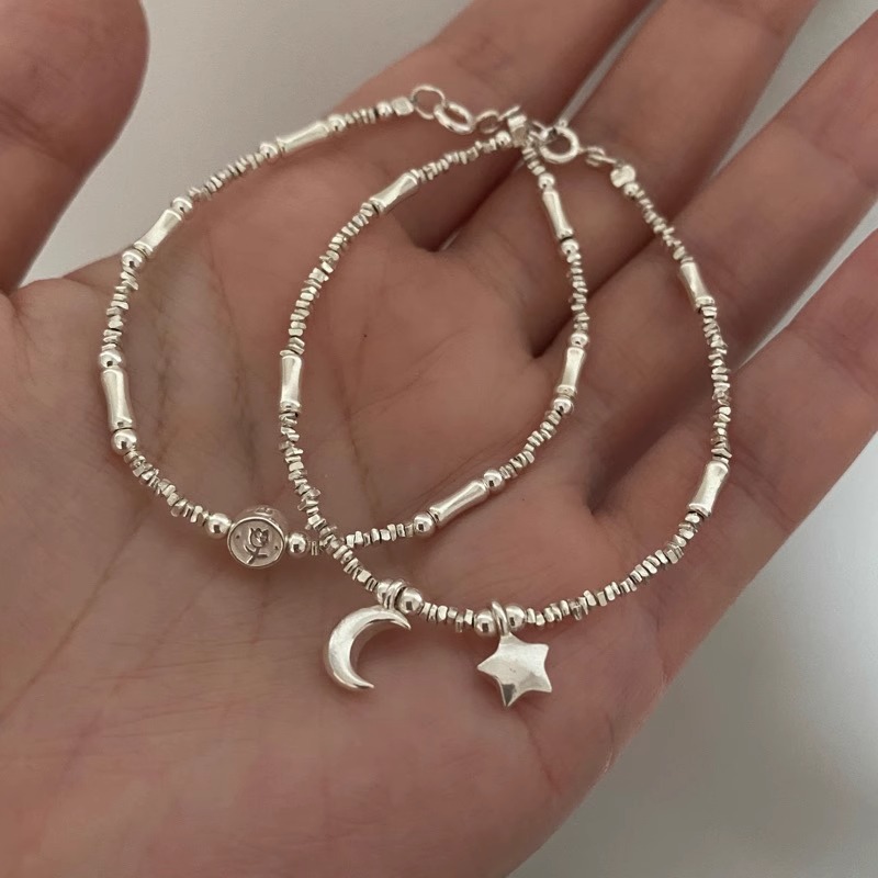 星星月亮郁金香银色手链泰国清迈碎银子不规则手饰品2024年新款