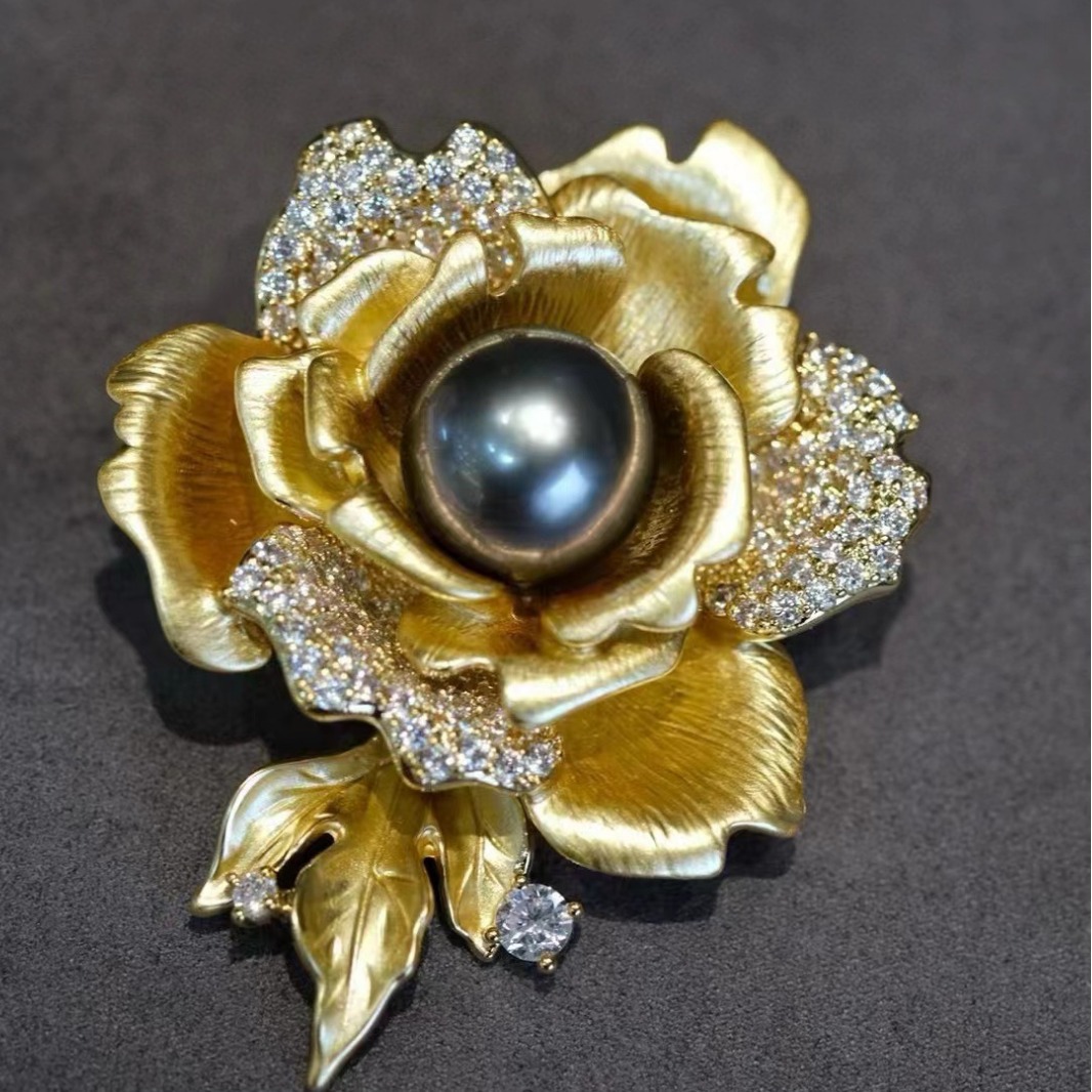 9-10mm天然海水大溪地黑珍珠胸针女款别针配饰复古时尚款成品批发