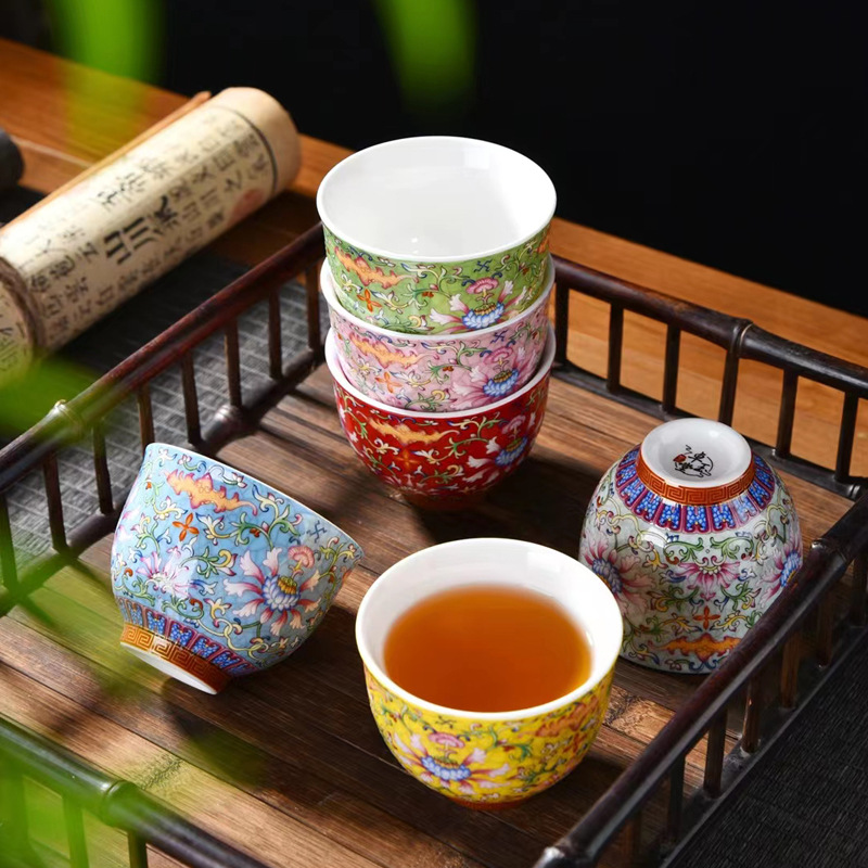 创意简约珐琅彩陶瓷小水杯茶杯盏杯茶盏家用主人茶杯一件发货