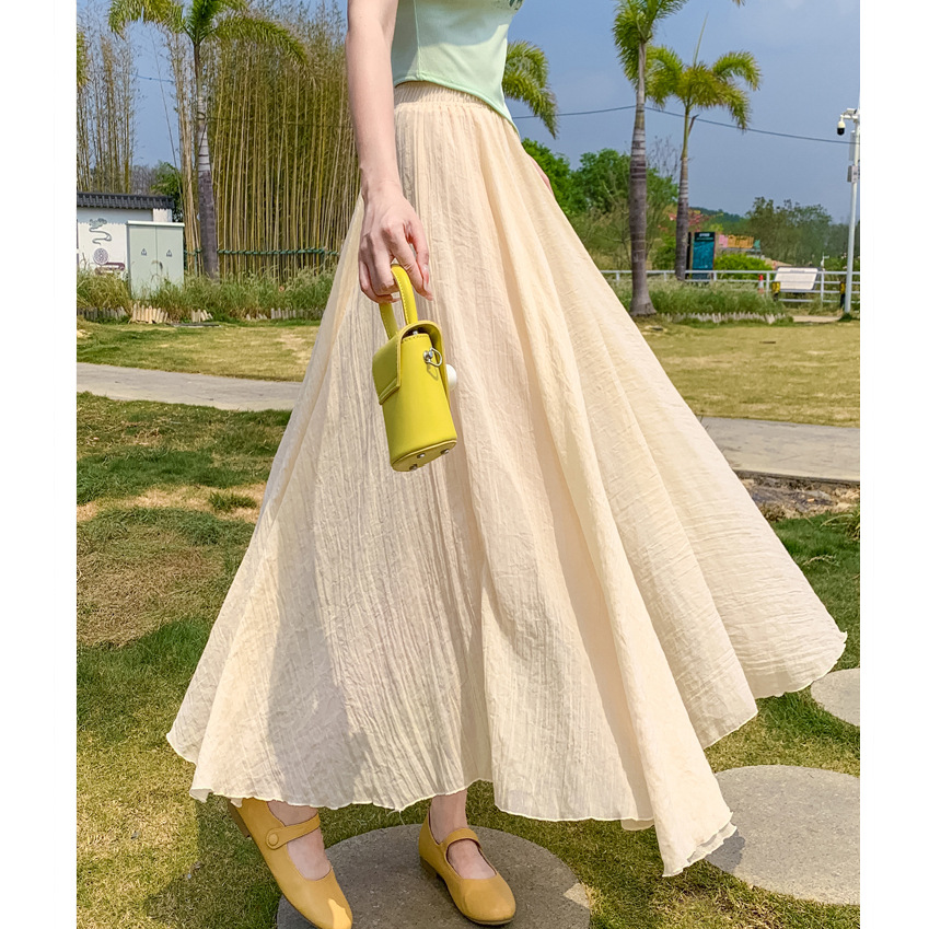 夏季网红温柔风绝美森系半身裙子高腰棉麻荷叶边长裙仙气大摆裙女