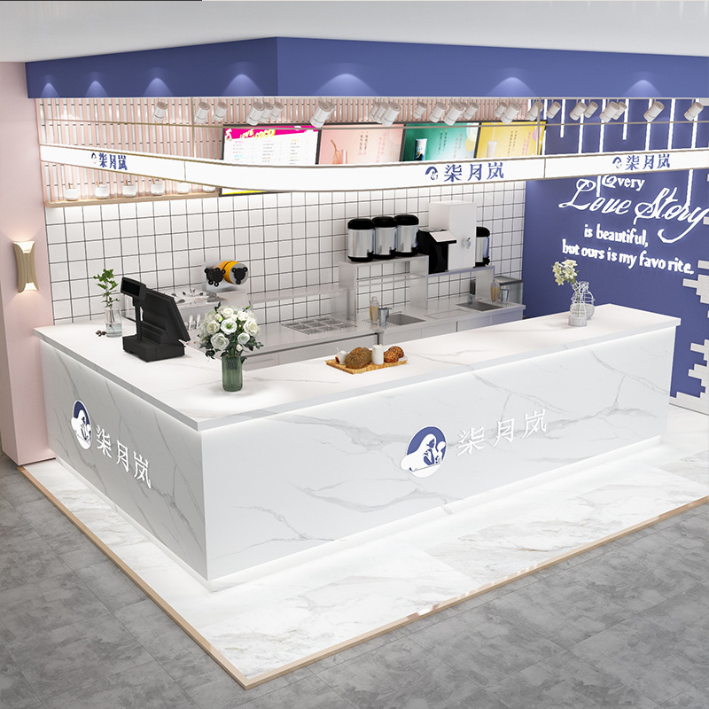 简约现代奶茶餐饮店水吧台烘焙店铺收银台前台不锈钢吧台转角