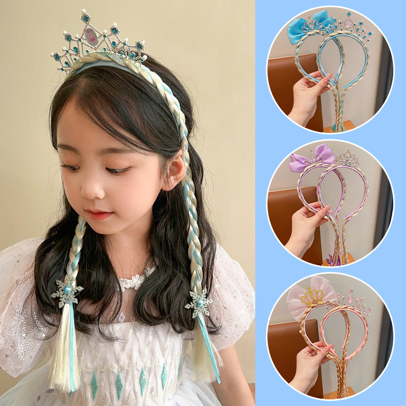 Children's Mesh Headband Girls Frozen Elsa Crown Headband Princess Wig Braid Cute Hairpin Hair Accessories