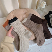 日系拼色竖条纹袜子女冬天加绒加厚保暖羊毛袜咖色撞色中筒袜厚袜