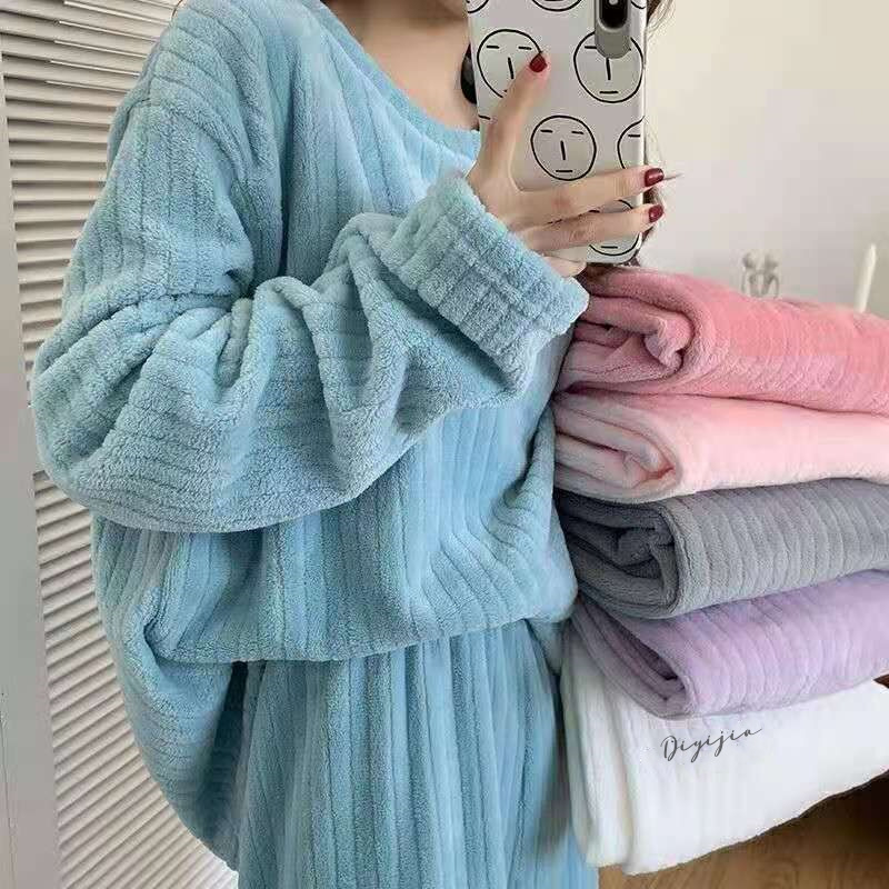 autumn and winter new flannel two-piece pajamas home leisure warm solid color with fur vertical stripes warm suit