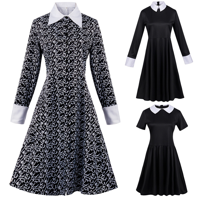 Adams Family Cos Costume Halloween Wednesday Adams Black Dress Printed Dress Cosplay Costume