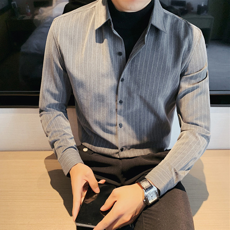 假两件半高领毛衣衬衫男长袖韩版潮流内搭条纹衬衣春秋西装打底衫