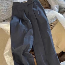 韩系小众设计高级感灰色裤子2023秋冬季复古高腰显瘦压褶卷边西装