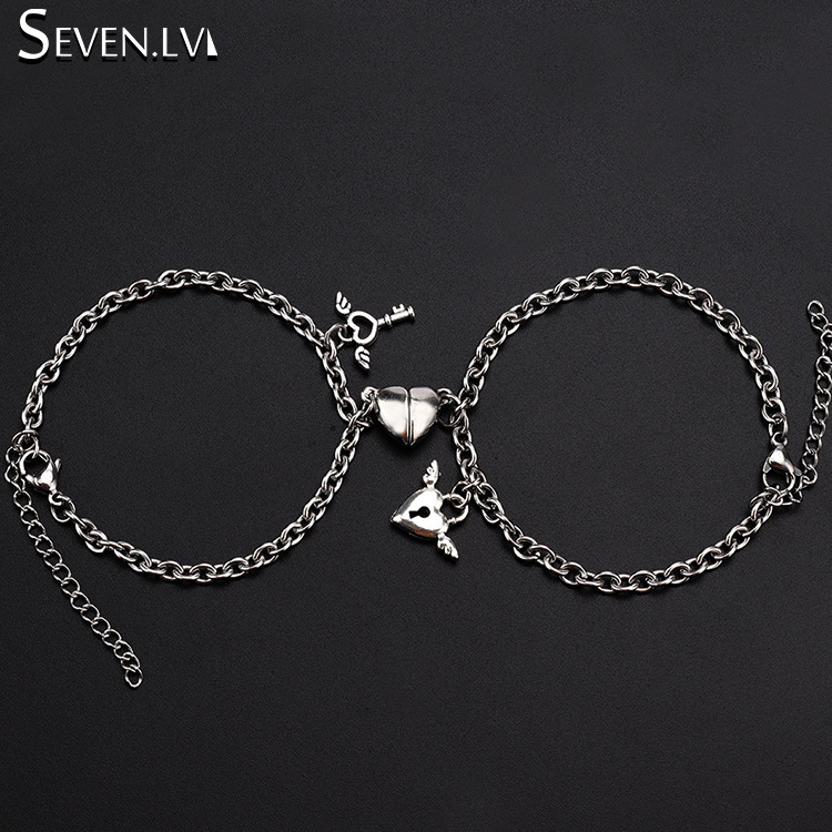 Korean Style New Taigang Couple Bracelet Stainless Steel Simple Heart-Shaped Magnet Suction Lock Key Men and Women's One Pair Bracelet