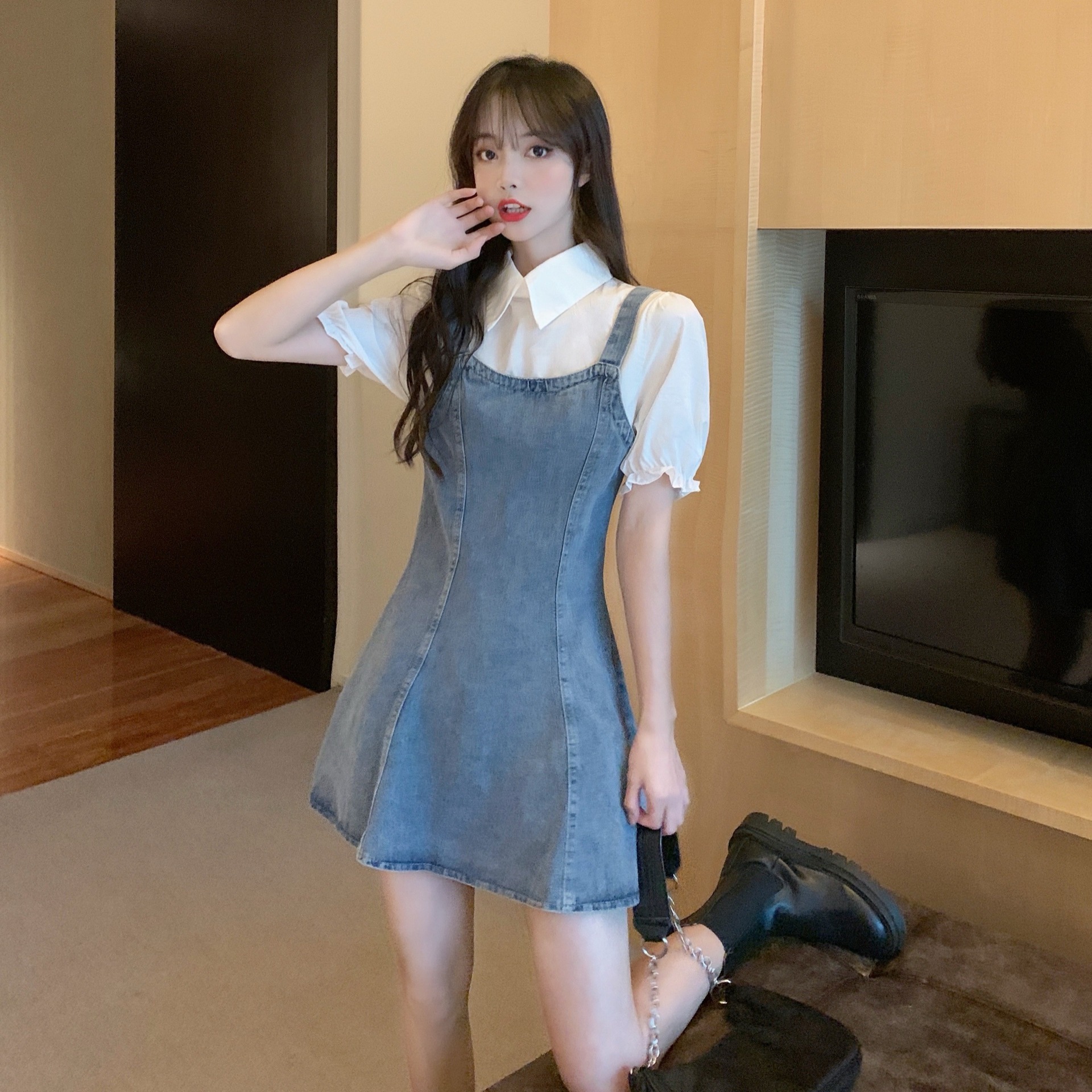 实拍大码女装牛仔背带裙夏季胖mm女装连衣裙假两件套新款盐系裙子