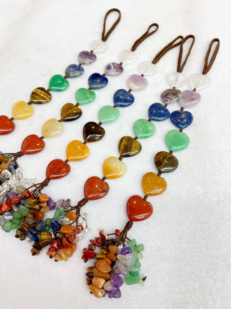 7彩色石七色水晶原石手工编织挂件心形车挂 瑜伽饰品外贸跨境电商