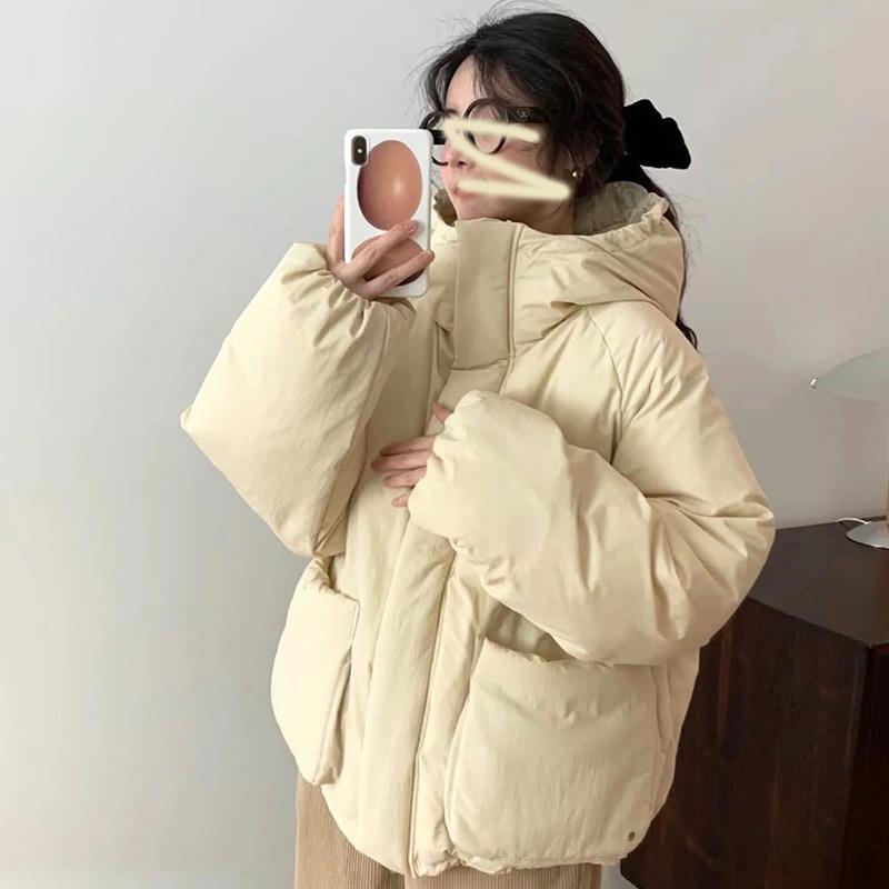 Korean Style White Duck down Large Pocket Loose Puffer down Jacket Female Short Type Hooded Jacket 2023 Winter