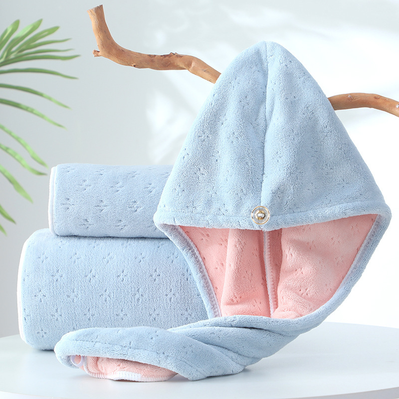 Double Layer Thickened Hair Drying Cap Home Daily Composite Coral Fleece Edge Shower Cap Towel Bath Towel Hair Drying Hat Three-Piece Set