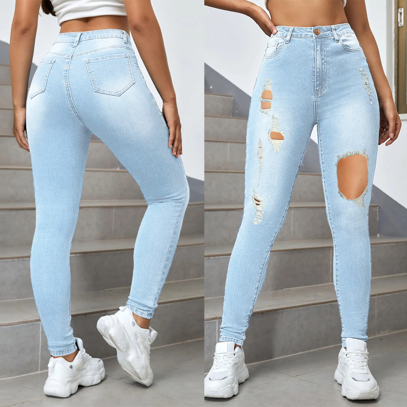 Pt8310# Foreign Trade Women's Clothing in Stock EBay Cross-Border Wish High Waist Stretch Personality Ripped Ankle-Tied Jeans for Women