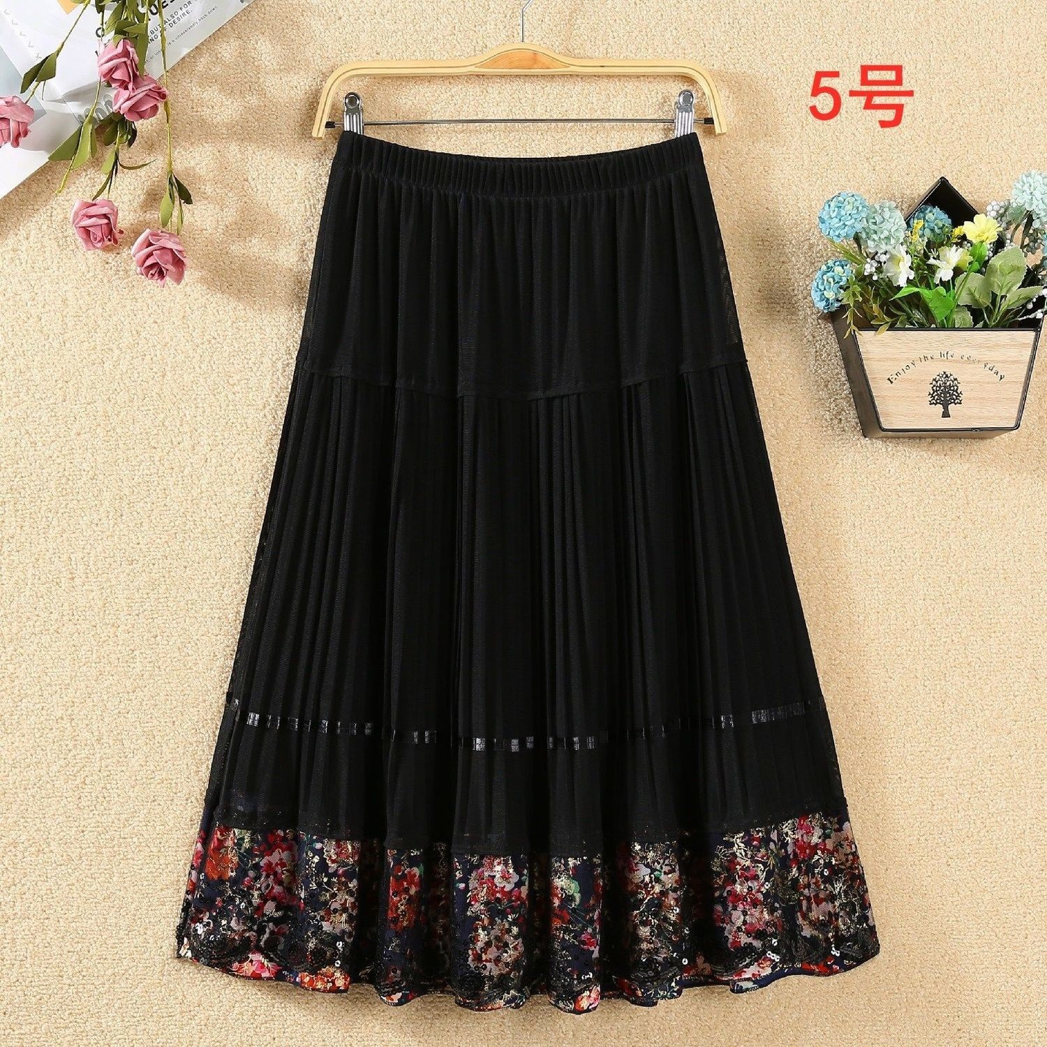 新款中老年半身裙松紧腰中裙妈妈跳舞裙夏网纱裙百褶裙广场舞裙女