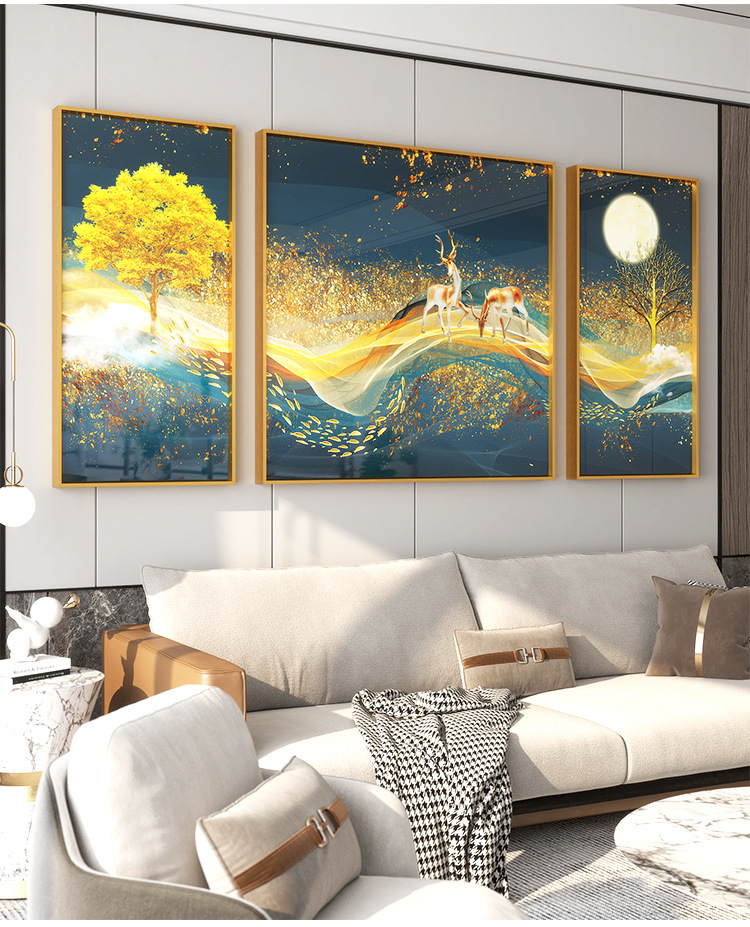 晶瓷画客厅装饰画现代简约沙发背景墙画新中式山水麋鹿三联壁挂画