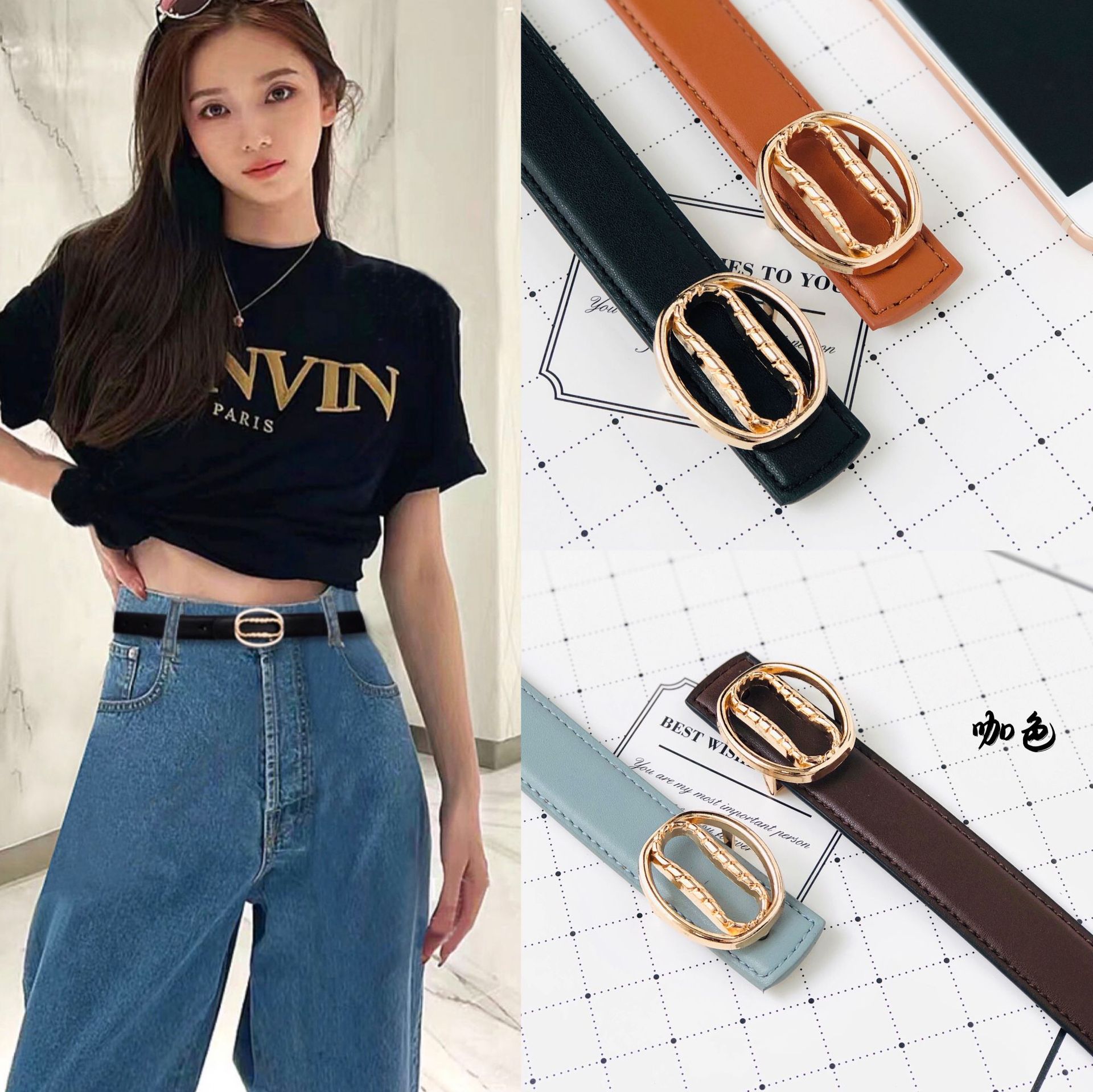 一件代发新款女士真皮中古风小众设计腰带西装牛仔裤搭配皮带