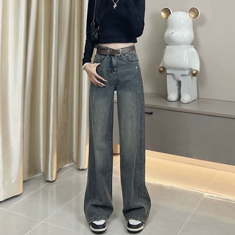 Fall 2023 New Pocket Loose Design Slimming Jeans Women's Retro Straight All-Matching Mop Wide Leg Pants