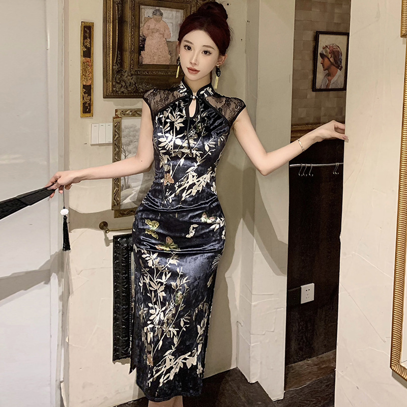 wds3991欧美2024跨境外贸复古短袖印花蕾丝透视包臀旗袍连衣裙女