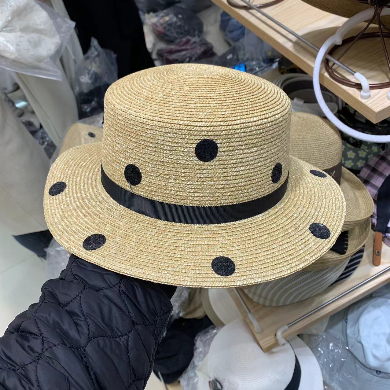 拉菲草帽女防晒遮阳帽子沙滩平顶夏季韩版百搭日系编织波点渔夫帽