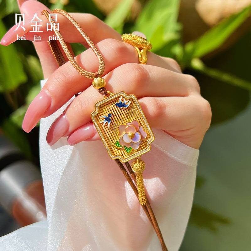 贝金品 古法金足金999双燕迎春吊坠莫桑钻古法烧蓝复古吊坠礼物女