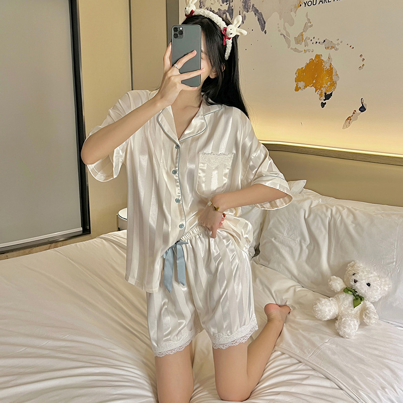 Pajamas Women‘s Summer Ice Silk Short Sleeve Shorts Summer Thin Women‘s Artificial Silk Homewear Suit Foreign Trade Wholesale