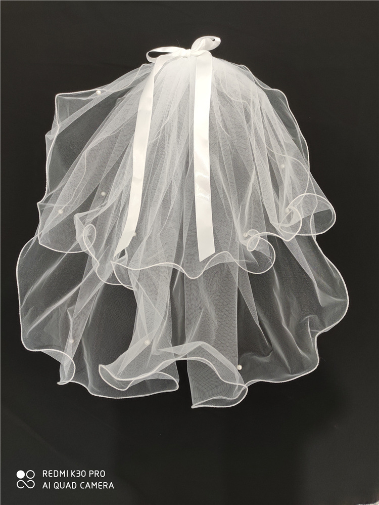 新娘头纱森系韩版珍珠头纱影楼旅拍造型蓬蓬纱