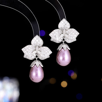 轻奢重工时尚设计耳环锆石微镶花瓣水滴形珍珠优雅s925银针耳坠