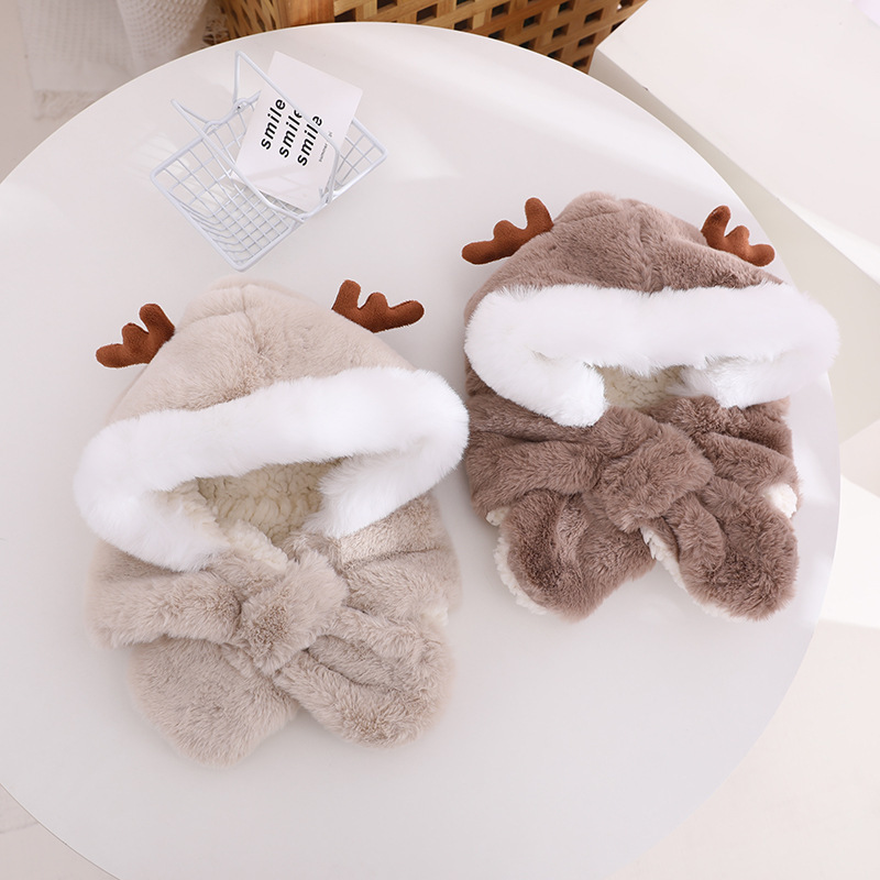 Winter Children's Hat Scarf Integrated Boys and Girls Thickened Warm Plush Cute Baby Antlers Earflaps Cap