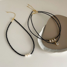 高级感黑色水晶锆钻珍珠吊坠项链女设计感小众复古个性颈链锁骨链