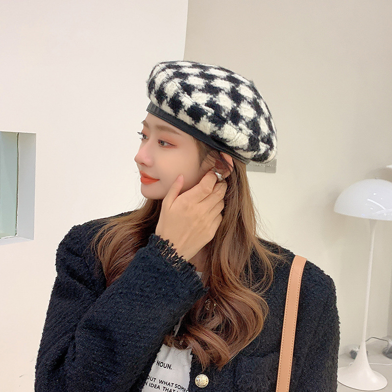Internet Celebrity Leather Edge Beret Women's Autumn and Winter Wool Knitted Beret Japanese Style All-Matching Fashion Houndstooth Painter Hat