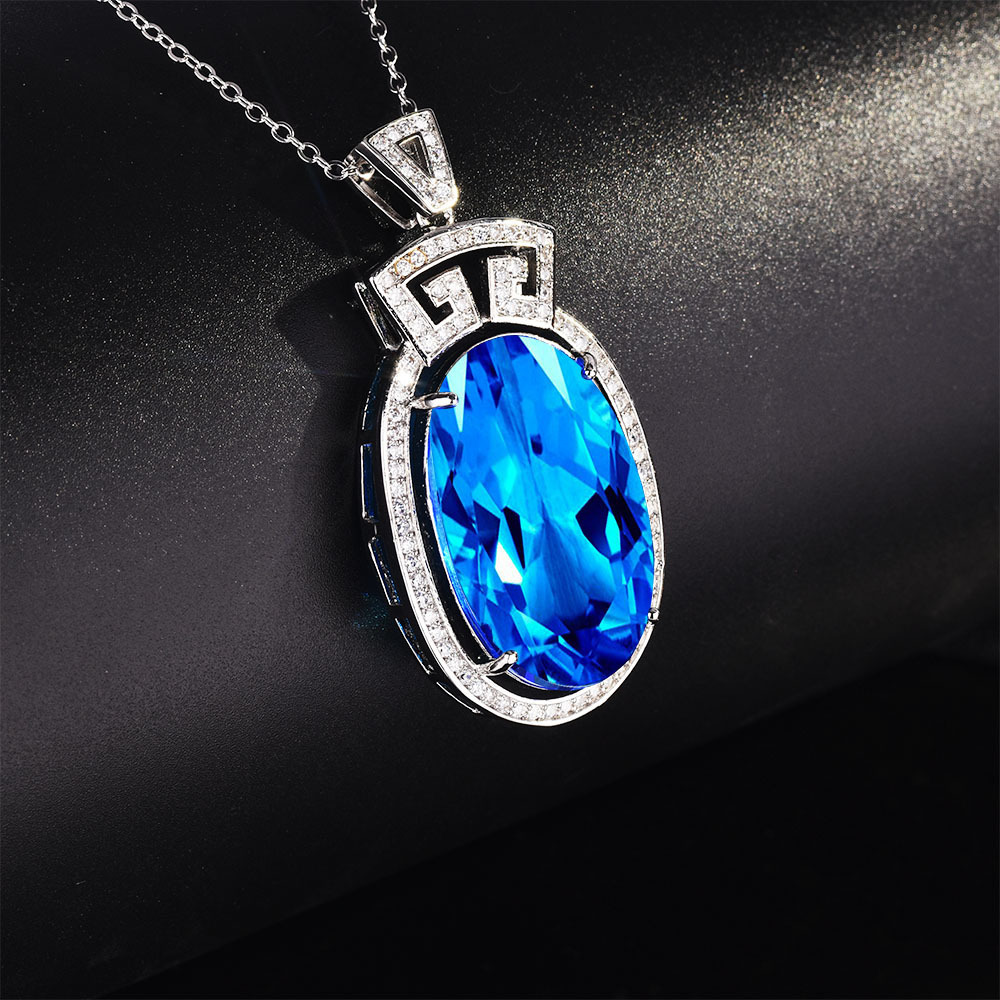 抖音快手直播爆款镶嵌仿天然坦桑蓝宝石吊坠 pt950瑞士托帕蓝项链