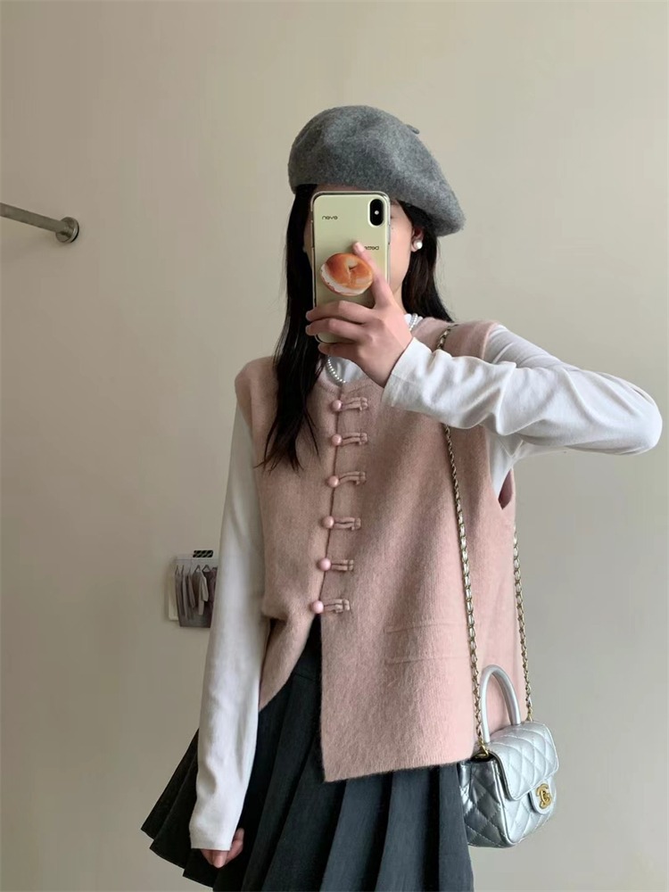 Spring New Chinese Style Buckle Knitted Vest Cardigan Short Top Loose Soft Glutinous Solid Color Sweater Vest