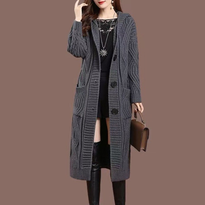 连帽加厚过膝针织开衫女秋冬外搭中长款宽松毛衣外套纯色披肩大衣