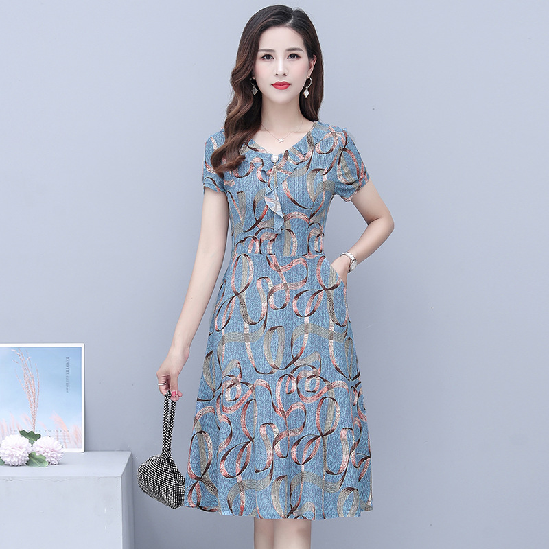 妈妈夏装连衣裙40岁50中年女2022新款年轻洋气大码中老年雪纺裙子